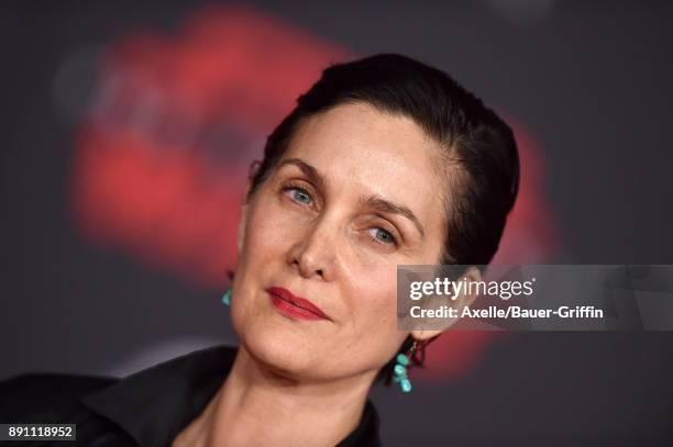 Actress Carrie-Anne Moss attends the Los Angeles premiere of 'Star Wars: The Last Jedi' at The Shrine Auditorium on December 9, 2017 in Los Angeles,...