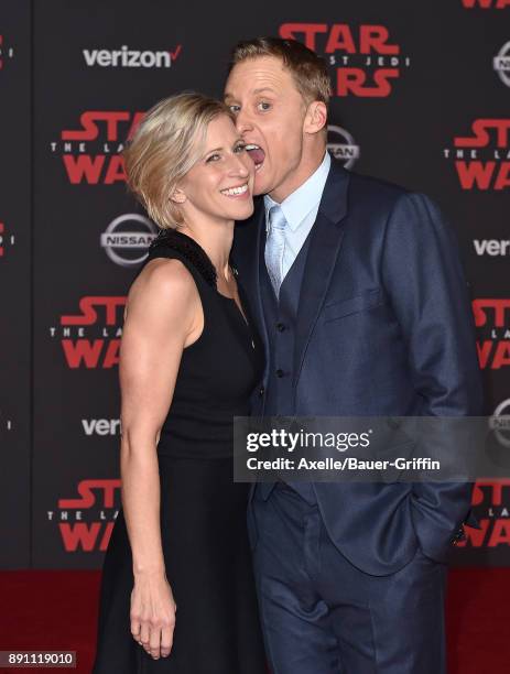 Actor Alan Tudyk and Charissa Barton attend the Los Angeles premiere of 'Star Wars: The Last Jedi' at The Shrine Auditorium on December 9, 2017 in...