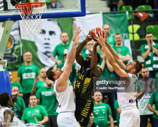 Keith Benson , Adam Hrycaniuk , Jaroslaw Mokros during Basketball Champions League match between Stelmet BC Zielona Gora and Aris Salonik at Zielona...