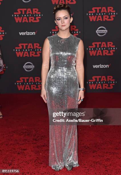 Actress Billie Lourd attends the Los Angeles premiere of 'Star Wars: The Last Jedi' at The Shrine Auditorium on December 9, 2017 in Los Angeles,...