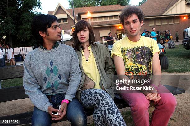 Musicians Anand Wilder of Yeasayer, Jo, and Jeremy Hyman of Ponytail pose for a portrait backstage during the Pitchfork Music Festival at Union Park...