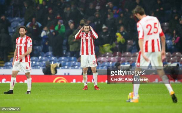 Geoff Cameron of Stoke City looks dejected after Stoke City concede during the Premier League match between Burnley and Stoke City at Turf Moor on...