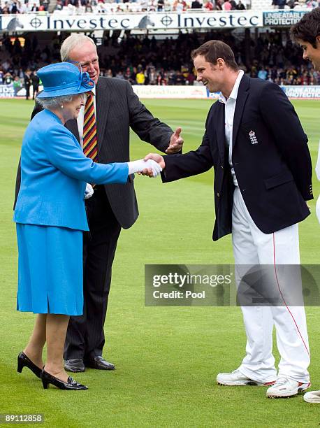 Queen Elizabeth II is introduced to the England team and shakes hands with captain, Andrew Strauss during day two of the npower 2nd Ashes Test Match...