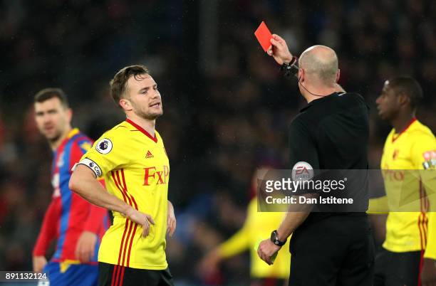 Tom Cleverley of Watford is sent off during the Premier League match between Crystal Palace and Watford at Selhurst Park on December 12, 2017 in...
