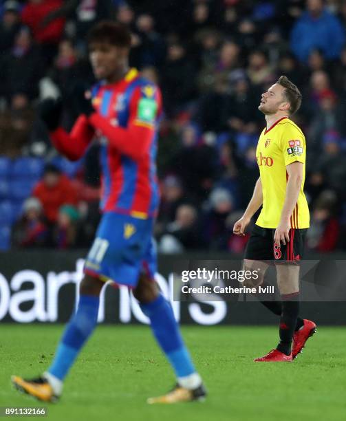 Tom Cleverley of Watford leaves the pitch after being sent off during the Premier League match between Crystal Palace and Watford at Selhurst Park on...