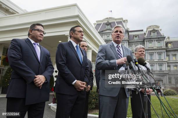 House Majority Leader Kevin McCarty, a Republican from California, center, speaks to members of the media about the wildfires in California with...