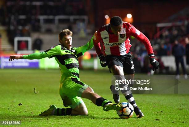 Luke James of Forest Green Rovers and Kyle Edwards of Exeter City during the Emirates FA Cup Second Round Replay between Exeter City and Forest Green...