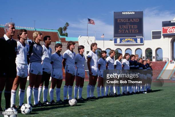 The England team line-up prior to the International friendly match against the United States at the Memorial Coliseum Stadium in Los Angeles, June...