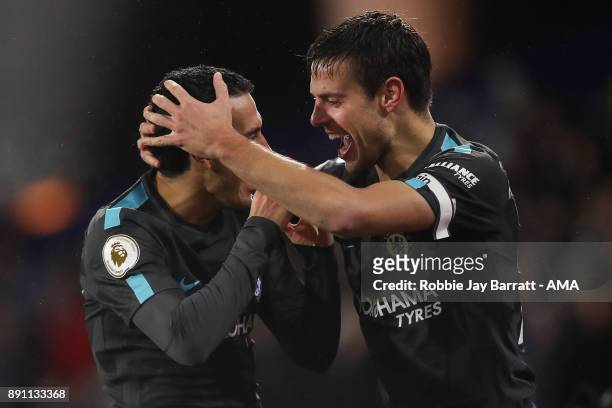 Pedro of Chelsea celebrates after scoring a goal to make it 0-3 during the Premier League match between Huddersfield Town and Chelsea at John Smith's...