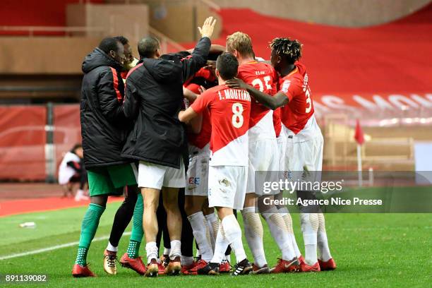 Radamel Falcao of Monaco celebrates his goal with teammates during the french League Cup match, Round of 16, between Monaco and Caen on December 12,...