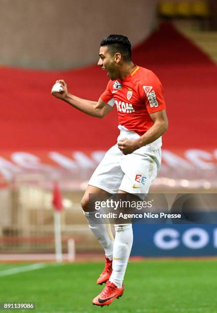 Radamel Falcao of Monaco celebrates his goal during the french League Cup match, Round of 16, between Monaco and Caen on December 12, 2017 in Monaco,...