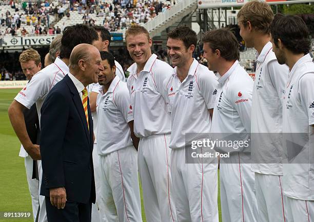 Prince Philip, Duke of Edinburgh meets the England team during day two of the npower 2nd Ashes Test Match between England and Australia at Lord's on...