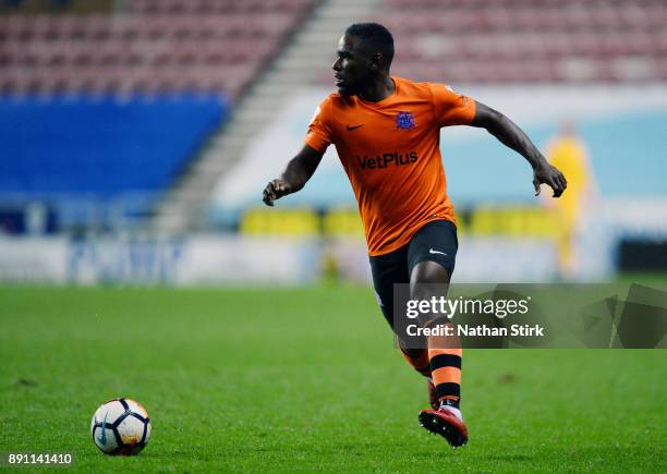 Zaine Francis-Angol of AFC Fylde in action during The Emirates FA Cup Second Round Replay match between Wigan Athletic and AFC Fylde at the DW...