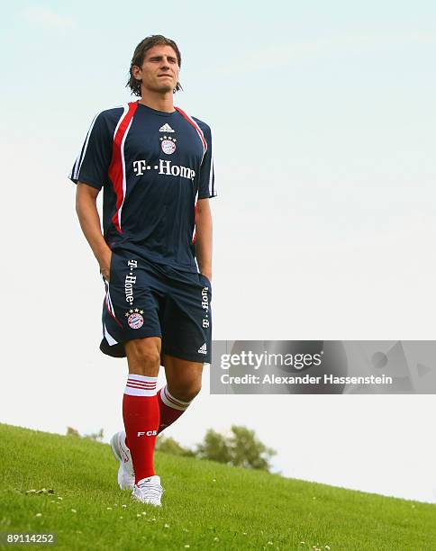 Mario Gomez of Bayern Muenchen on his way for a press conference at day three of the FC Bayern Muenchen training camp on July 20, 2009 in...