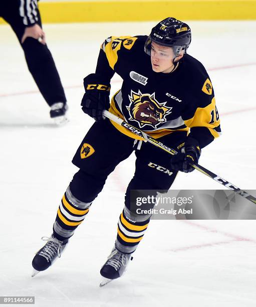 Matthew Strome of the Hamilton Bulldogs turns up ice against the Mississauga Steelheads during game action on December 10, 2017 at Hershey Centre in...