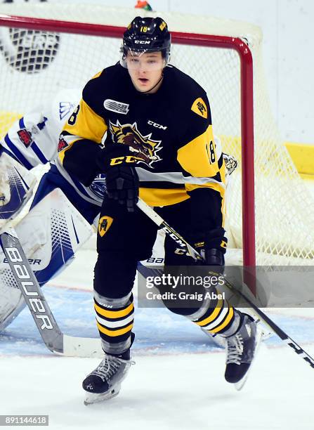 Matthew Strome of the Hamilton Bulldogs turns up ice against the Mississauga Steelheads during game action on December 10, 2017 at Hershey Centre in...