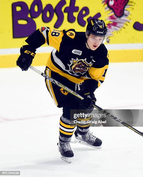 Matthew Strome of the Hamilton Bulldogs skates up ice against the Mississauga Steelheads during game action on December 10, 2017 at Hershey Centre in...