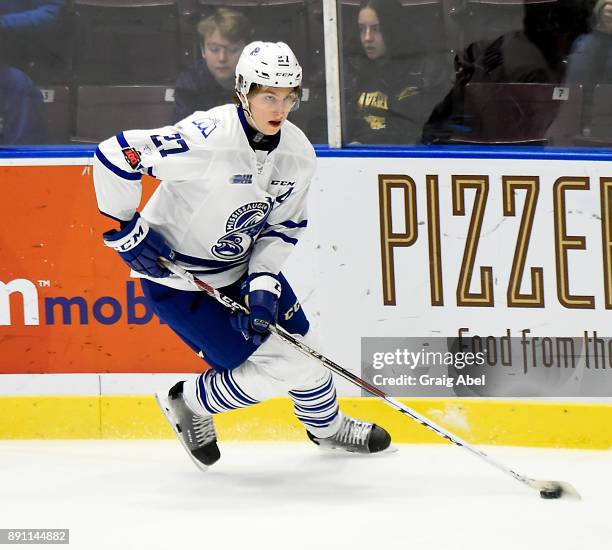 Jacob Moverare of the Mississauga Steelheads controls the puck against the Hamilton Bulldogs during game action on December 10, 2017 at Hershey...