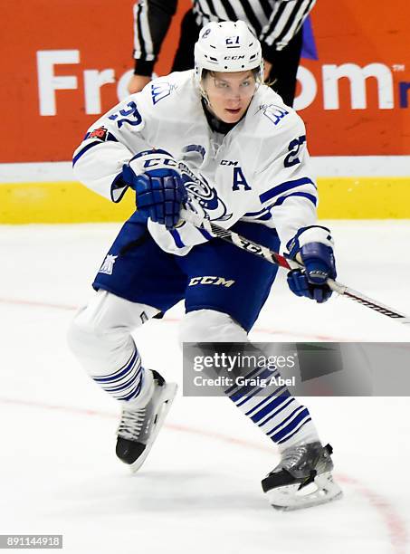 Jacob Moverare of the Mississauga Steelheads controls the puck against the Hamilton Bulldogs during game action on December 10, 2017 at Hershey...