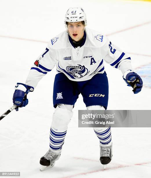 Jacob Moverare of the Mississauga Steelheads watches the play develop against the Hamilton Bulldogs during game action on December 10, 2017 at...