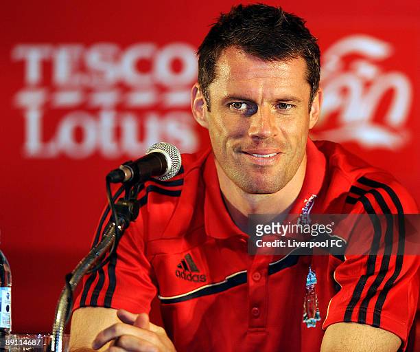 Liverpool's Jamie Carragher talks to the media during a press conference at the Grand Hyatt, Erawan Bangkok on July 20, 2009 in Bangkok, Thailand.