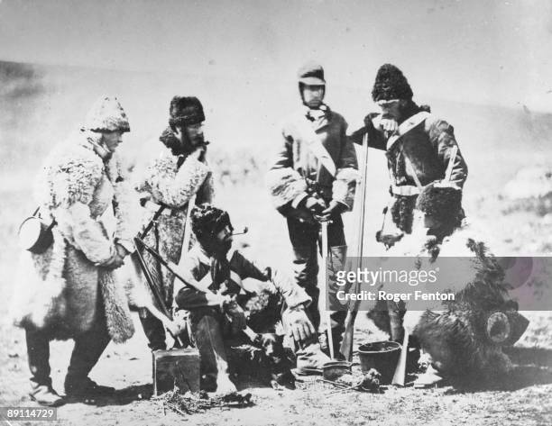 Captain William Cecil George Pechell and men of the 77th Regiment in their winter dress in the Ukraine, during the Crimean War, circa 1855. Pechell...