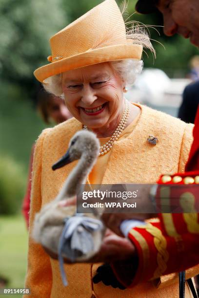 Queen Elizabeth II smiles as she is shown an orphaned cygnet at Oakley Court on the river bank during a swan upping census on the River Thames on...