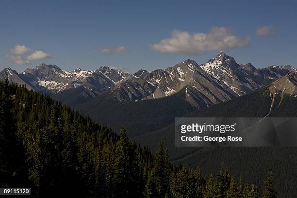 The view of the Canadian Rockies from the Sulphur Mountain lookout is seen in this 2009 Banff Springs, Canada, early morning landscape photo.