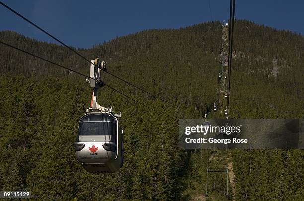 The aerial tramway up to Sulphur Mountain is seen in this 2009 Banff Springs, Canada, early morning landscape photo.