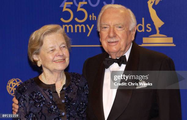 Walter Cronkite presenter of the Bob Hope Humanitarian Award to Bill Cosby at the 55th annual Primetime Emmy Awards and wife Betsy