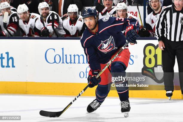 Seth Jones of the Columbus Blue Jackets skates against the Arizona Coyotes on December 9, 2017 at Nationwide Arena in Columbus, Ohio.