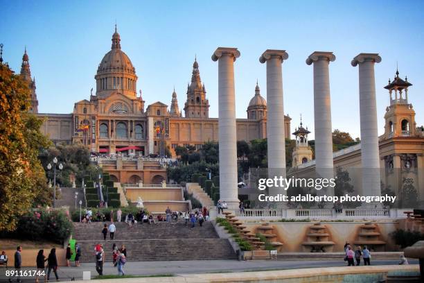 view of the palau nacional de montjuic. barcelona, catalonia, spain. - adalbertop stock pictures, royalty-free photos & images