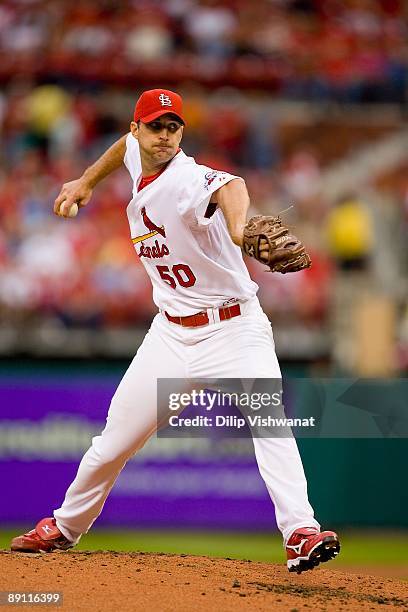 Adam Wainwright of the St. Louis Cardinals pitches against the Arizona Diamondbacks on July 18, 2009 at Busch Stadium in St. Louis, Missouri. The...