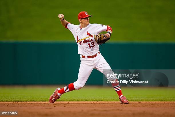 Brendan Ryan of the St. Louis Cardinals throws to first base against the Arizona Diamondbacks on July 18, 2009 at Busch Stadium in St. Louis,...