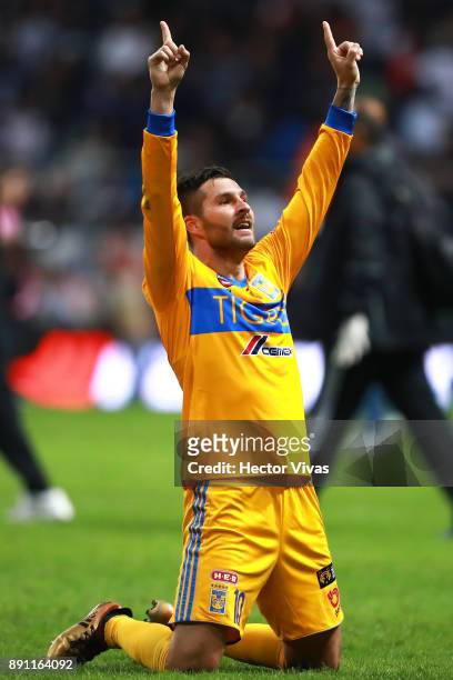 Andre Pierre Gignac of Tigres celebrates after winning the second leg of the Torneo Apertura 2017 Liga MX final between Monterrey and Tigres UANL at...