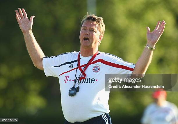 Louis van Gaal, head coach of Bayern Muenchen reacts during a training session at the Anton Mall stadium at day three of the FC Bayern Muenchen...