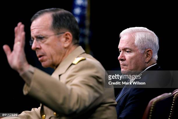 Secretary of Defense Robert Gates and Chairman, Joint Chiefs of Staff, Adm. Michael Mullen participate in a briefing at the Pentagon on July 20, 2009...