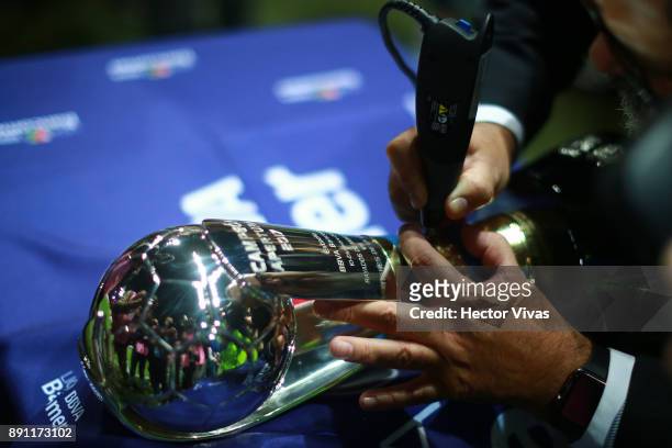 The champion trophy is engraved with the name of Tigres after the second leg of the Torneo Apertura 2017 Liga MX final between Monterrey and Tigres...