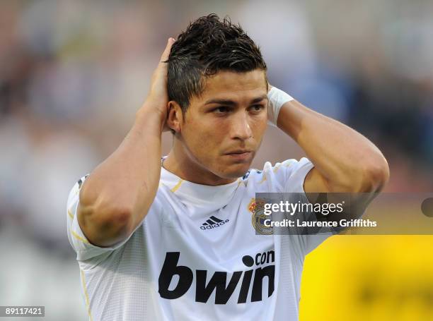 Cristiano Ronaldo of Real Madrid limbers up during the Pre Season Friendly between Shamrock Rovers and Real Madrid at Tallaght Stadium on July 20,...