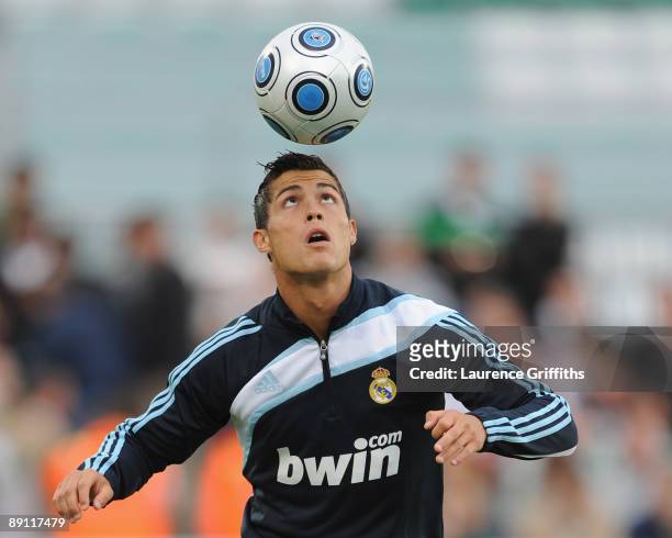 Cristiano Ronaldo of Real Madrid shows off his skills before the Pre Season Friendly between Shamrock Rovers and Real Madrid at Tallaght Stadium on...