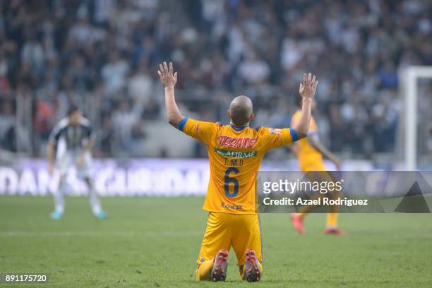 Jorge Torres of Tigres reacts during the second leg of the Torneo Apertura 2017 Liga MX final between Monterrey and Tigres UANL at BBVA Bancomer...