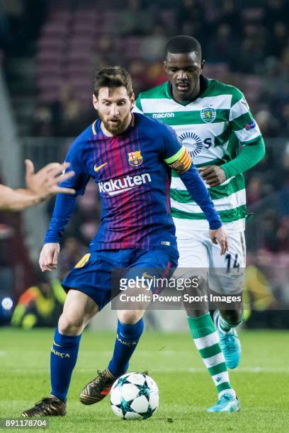Lionel Andres Messi of FC Barcelona is followed by William Carvalho of Sporting CP during the UEFA Champions League 2017-18 match between FC...