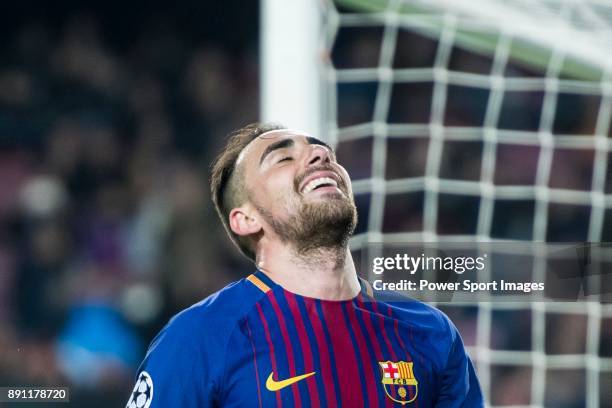 Francisco Alcacer Garcia, Paco Alcacer, of FC Barcelona reacts during the UEFA Champions League 2017-18 match between FC Barcelona and Sporting CP at...