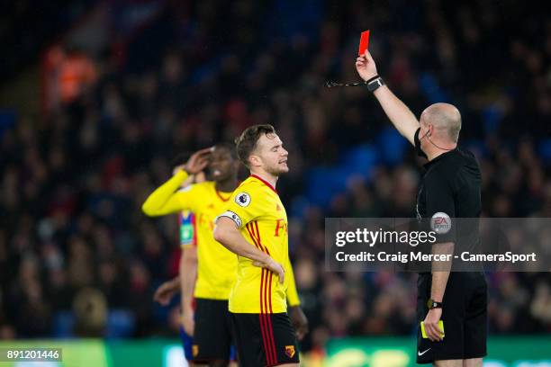 Watford's Tom Cleverley reacts after receiving a red card from Referee Lee Mason during the Premier League match between Crystal Palace and Watford...