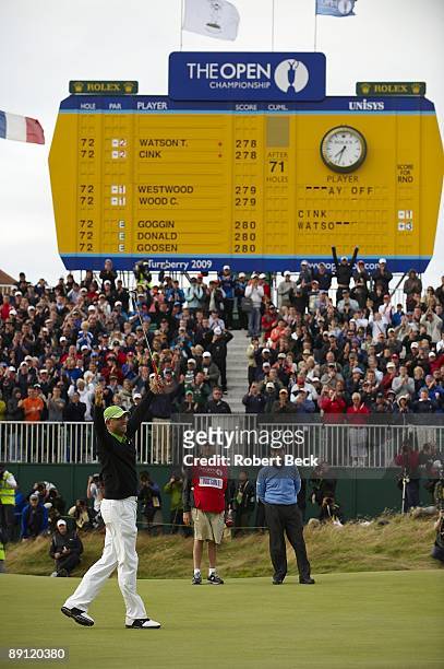 Stewart Cink victorious after winning tournament on Sunday at Ailsa Course of Turnberry Resort. View of leader board. South Ayrshire, Scotland...