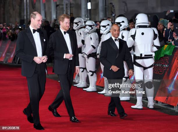 Prince William, Duke of Cambridge and Prince Harry attend the European Premiere of 'Star Wars: The Last Jedi' at Royal Albert Hall on December 12,...