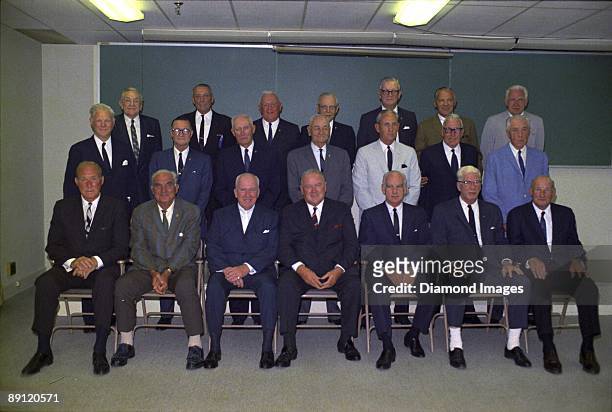 Charles "Red" Ruffing, Heinie Manush, Warren Giles, Joe Cronin, Commissioner of Baseball General William Eckert, Robert "Lefty" Grove and Leon...