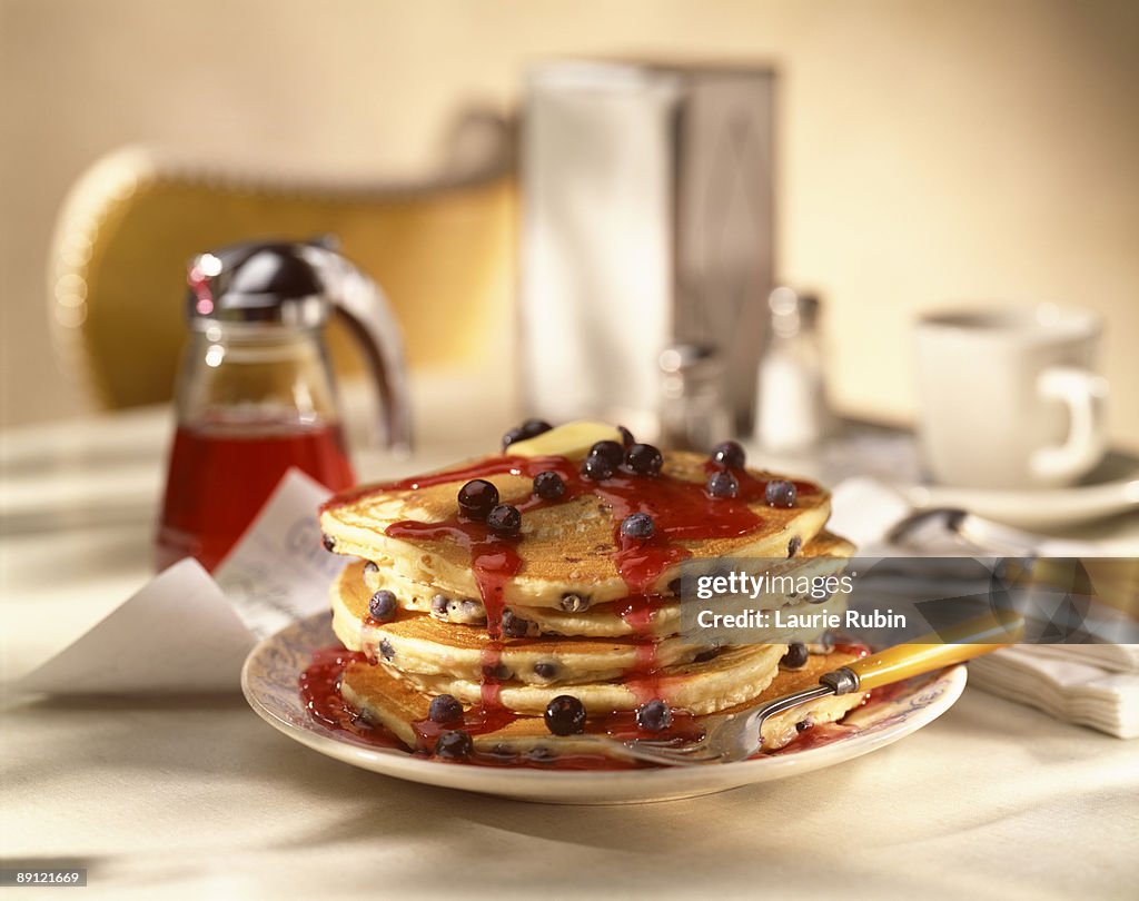 Blueberry pancakes with syrup