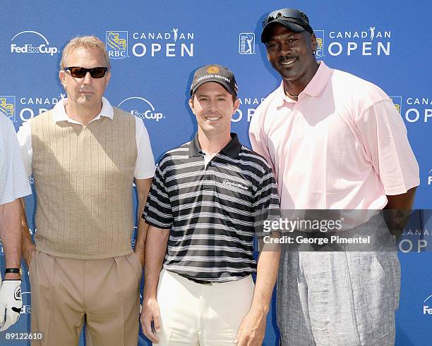 Actor Kevin Costner; PGA Golfer Mike Weir and Michael Jordan attend the Inaugural Mike Weir Charity Classic at the Glen Abbey Golf Club on July 20,...