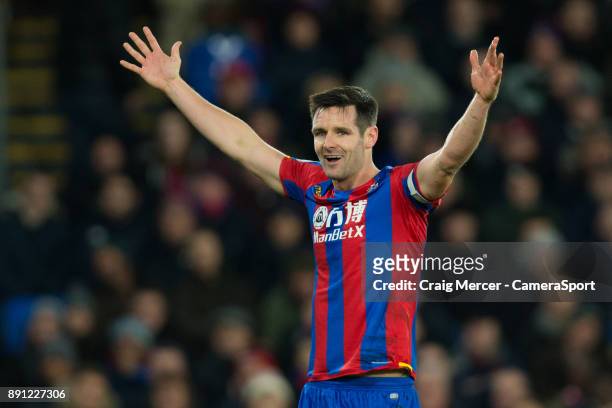 Crystal Palace's Scott Dann reacts during the Premier League match between Crystal Palace and Watford at Selhurst Park on December 12, 2017 in...